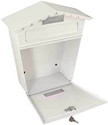 Lockable Secure Mail Letter Post Box Vintage Stainless Steel Metal Mailbox Garden Ornament Retro Wall-Mounted Mailbox Home Decor(Color:White)
