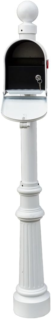 LMPST-E1-LKIT-804-WHT Lewiston Rust Free Cast Aluminum Locking Mailbox System with Economy Mailbox, Post, Decorative Ball Finial & Fluted Base, White