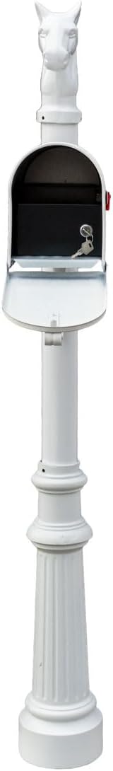 LMPST-E1-LKIT-801-WHT Lewiston Rust Free Cast Aluminum Locking Mailbox System with Economy Mailbox, Post, Decorative Horsehead Finial & Fluted Base, White