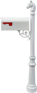 LMPST-E1-LKIT-801-WHT Lewiston Rust Free Cast Aluminum Locking Mailbox System with Economy Mailbox, Post, Decorative Horsehead Finial & Fluted Base, White