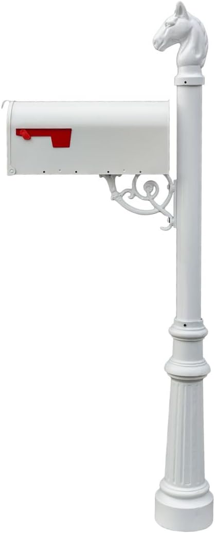 LMPST-E1-LKIT-801-WHT Lewiston Rust Free Cast Aluminum Locking Mailbox System with Economy Mailbox, Post, Decorative Horsehead Finial & Fluted Base, White