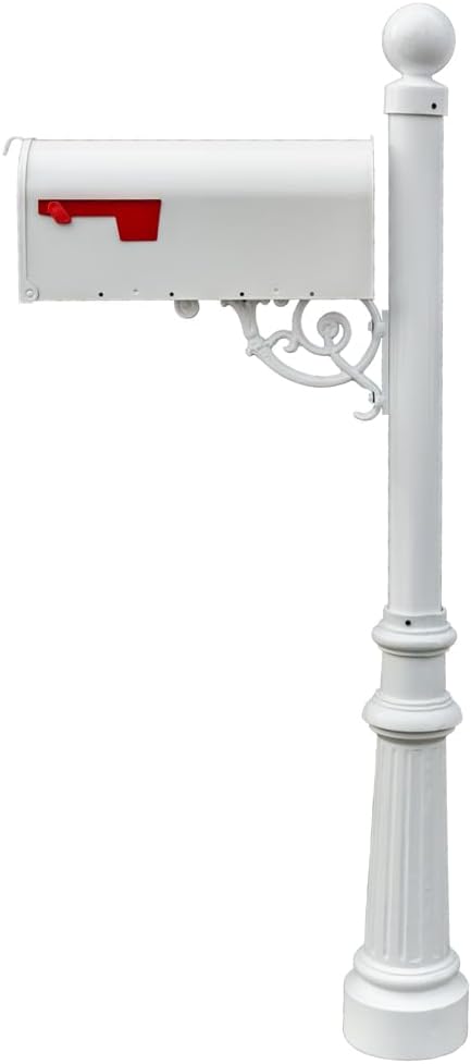 LMPST-E1-LKIT-804-WHT Lewiston Rust Free Cast Aluminum Locking Mailbox System with Economy Mailbox, Post, Decorative Ball Finial & Fluted Base, White
