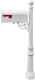 LMPST-E1-LKIT-804-WHT Lewiston Rust Free Cast Aluminum Locking Mailbox System with Economy Mailbox, Post, Decorative Ball Finial & Fluted Base, White