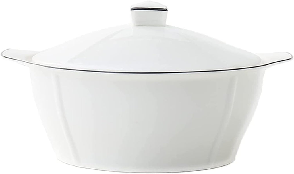 Japanese Style Tableware Household 10 Inch Ceramic Bowls Anti-scalding Binaural Soup Bowl With Lid 2500ML Large Capacity Ramen Bowls - White (Size : 25.4 * 15cm)