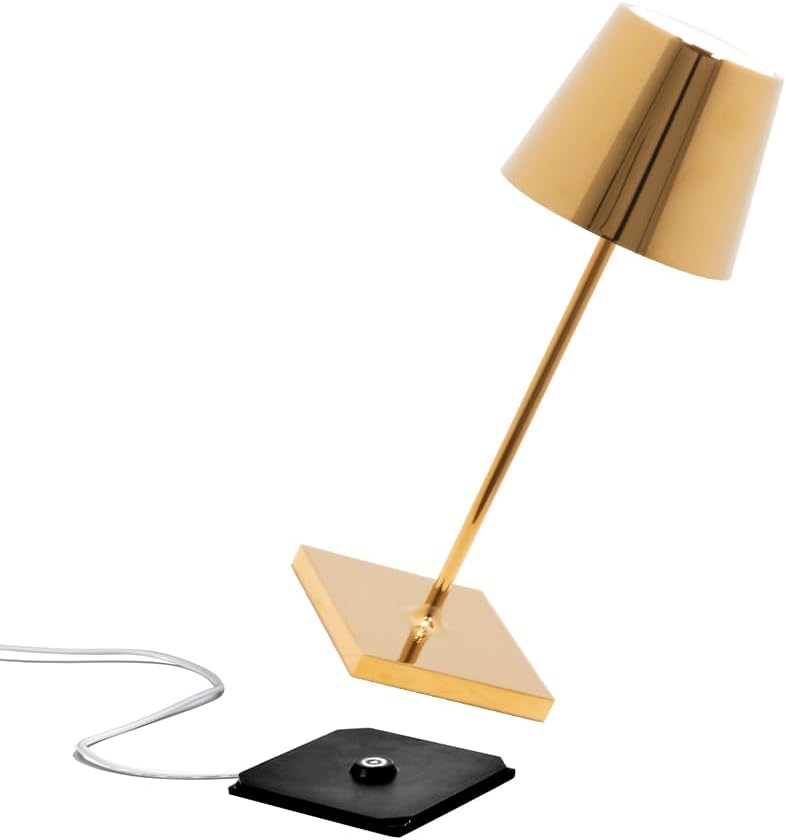 Zafferano, Poldina Pro Mini Lamp with Glossy Gold Finish, Rechargeable Cordless Table Lamp with Touch Controls, Usable as an Indoor Lamp, Dimmer, 2200-3000 K, Height 11.8 Inches