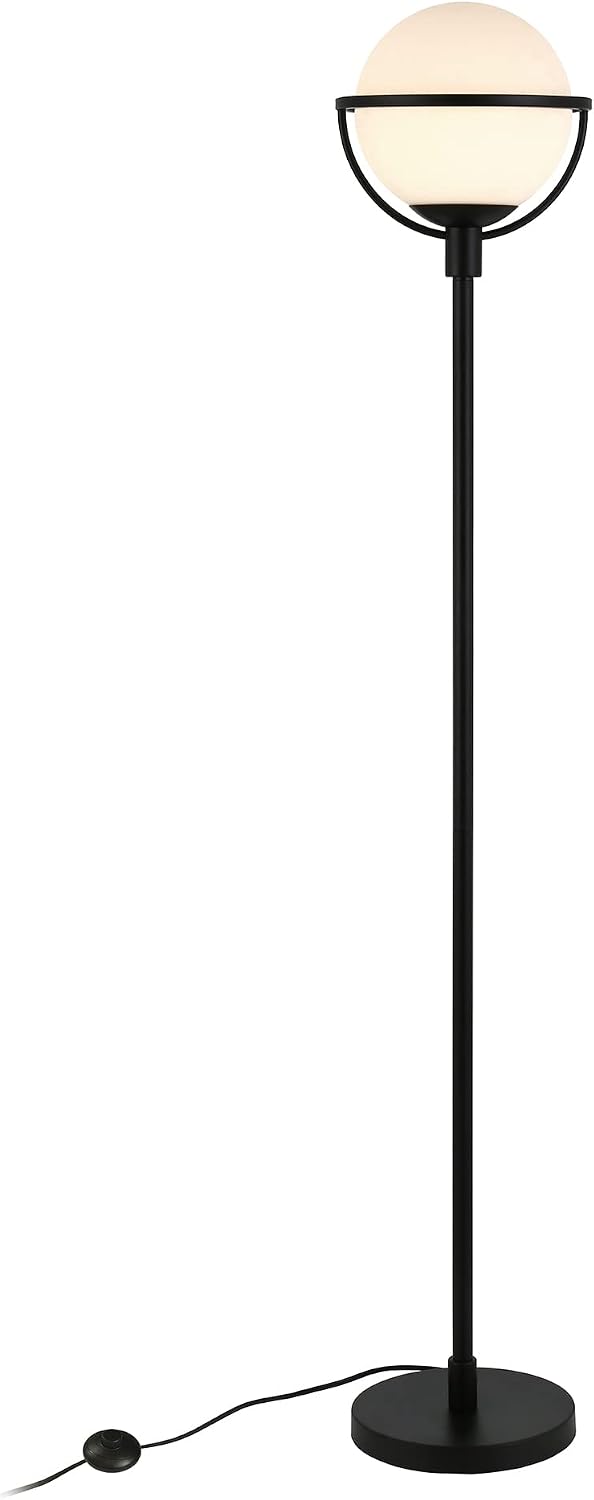 Henn&Hart 68' Glam 1-Light Floor Lamp with White Glass Globe Shade for Living Room, Bedroom, or Office, Black