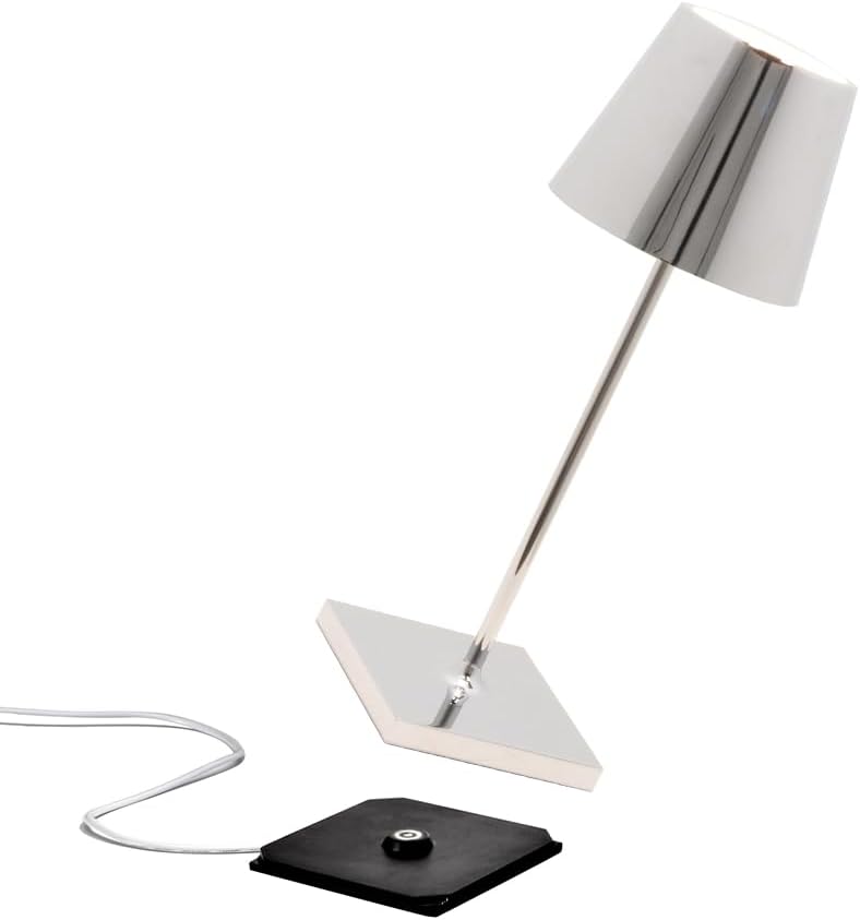Zafferano, Poldina Pro Mini Lamp with Glossy Chrome Finish, Rechargeable Cordless Table Lamp with Touch Controls, Usable as an Indoor Lamp, Dimmer, 2200-3000 K, Height 11.8 Inches