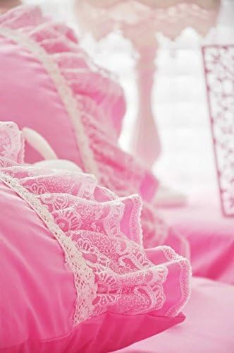 LELVA Shabby Ruffle Duvet Cover Set Queen Cotton Chic Wrinkle Girls Bedding Hot Pink 4 Piece Romantic Lace Design Bed Skirt