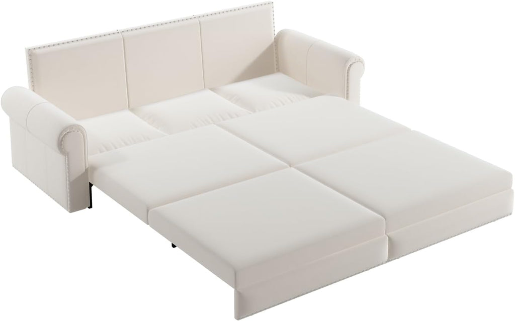 93.7' Pull Out Sofa Bed King Size with Pillows,3-in-1 Convertible Sleeper Couch with Nails Trim,Velvet Upholstered 3 Seater Sofabed for Living Room,Beige