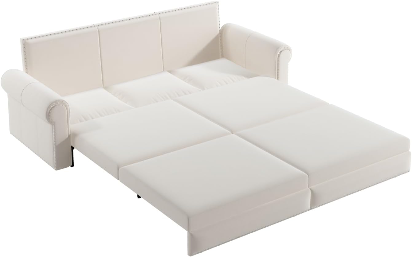 93.7' Pull Out Sofa Bed King Size with Pillows,3-in-1 Convertible Sleeper Couch with Nails Trim,Velvet Upholstered 3 Seater Sofabed for Living Room,Beige