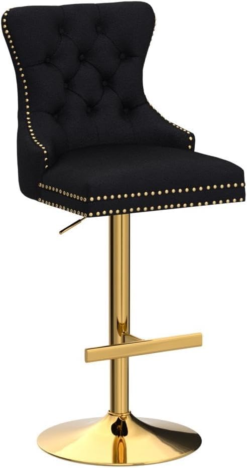 Bar Stools Set of 2, Velvet Swivel Counter Height Stools with Tufted Back, Adjustable Seat with Nailheads Trim, Upholstered Bar Chairs with Gold Base for Kitchen Island, Pub, Black