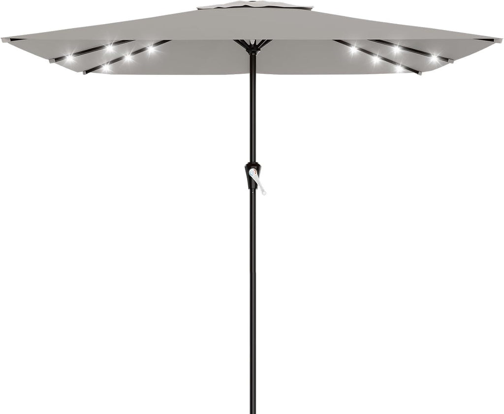 AreShark 8' X 10' Rectangular Patio Umbrella with Solar Lights, Lighted Solar Umbrella with Crank, Outdoor Table Umbrella for Garden, Deck, Backyard, Pool and Beach, Light Gray