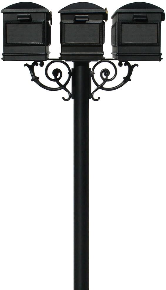 The Hanford Cast Aluminum Mailbox Post System Triple Post with 3 Lewiston Mailboxes, Mounting Brackets and Scroll Supports, Ships in 2 boxes