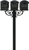 The Hanford Cast Aluminum Mailbox Post System Triple Post with 3 Lewiston Mailboxes, Mounting Brackets and Scroll Supports, Ships in 2 boxes