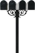 The Hanford Rust Free Cast Aluminum Quad Mailbox Post System with Scroll Supports, Mounting Bracket and 4 Economy Mailboxes, Ships in 2 Boxes
