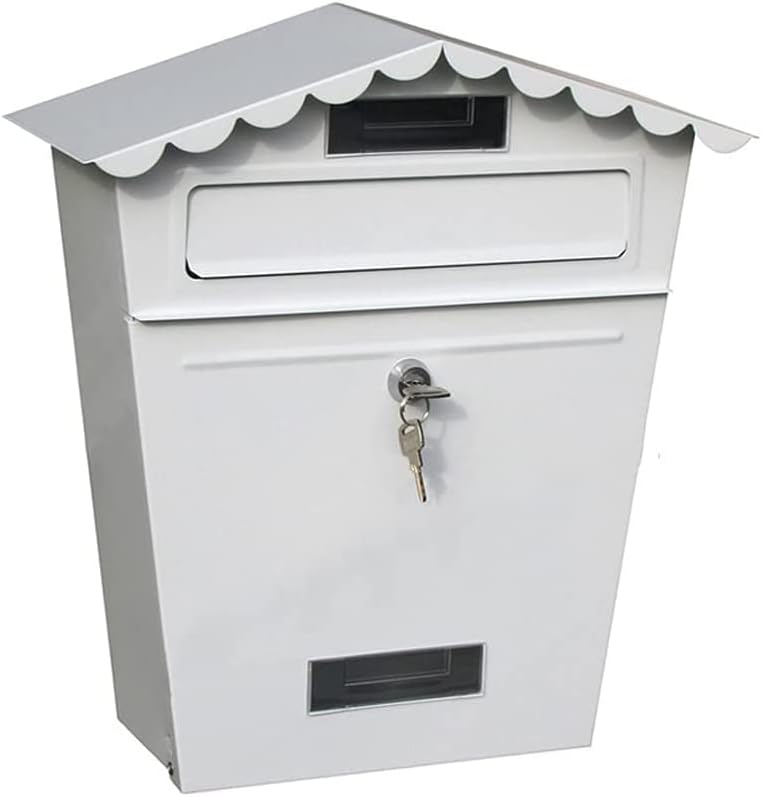 Lockable Secure Mail Letter Post Box Vintage Stainless Steel Metal Mailbox Garden Ornament Retro Wall-Mounted Mailbox Home Decor(Color:White)