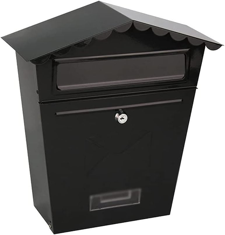 Lockable Secure Mail Letter Post Box Vintage Stainless Steel Metal Mailbox Garden Ornament Retro Wall-Mounted Mailbox Home Decor(Color:Black)