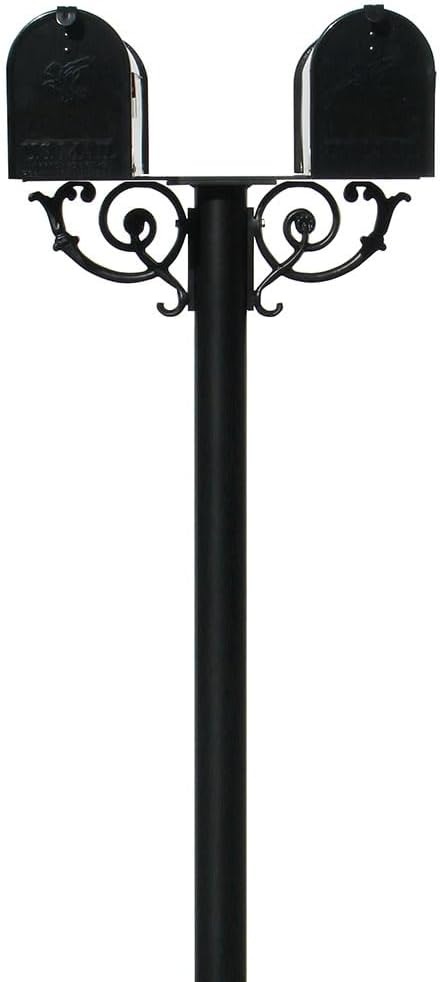 The Hanford Cast Aluminum Twin Mailbox Post System with 2 Economy Mailboxes, Mounting Brackets and Scroll Supports, Ships in 2 boxes