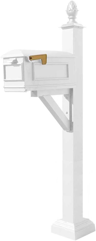 WPD-SC2-S3-LMC-WHT Westhaven Cast Aluminum Post Mount Mailbox System with Lewiston Mailbox, Square Collar and Pineapple Finial, Ships in 2 Boxes, White