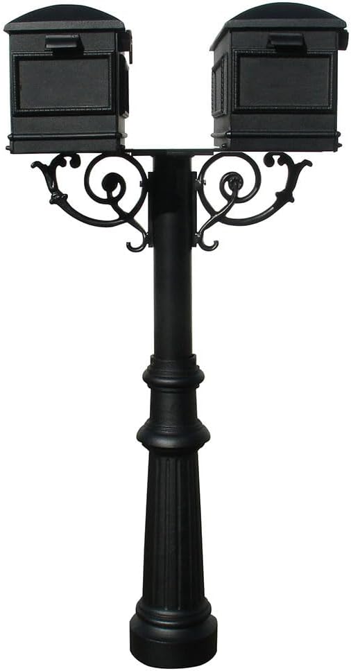 The Hanford Cast Aluminum Twin Mailbox Post System with Fluted Base, 2 Lewiston Mailboxes, Mounting Brackets and Scroll Supports, Ships in 2 boxes