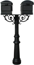 The Hanford Cast Aluminum Twin Mailbox Post System with Fluted Base, 2 Lewiston Mailboxes, Mounting Brackets and Scroll Supports, Ships in 2 boxes