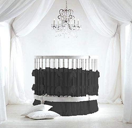4 Piece Small Nursery Round Bedding Set 600TC 100% Egyptian Cotton - 1 Small Blanket, 1 Pillowcase, 1 Fitted Sheet 9'' Deep, 1 Small Skirt 19'' Drop - Solid Black