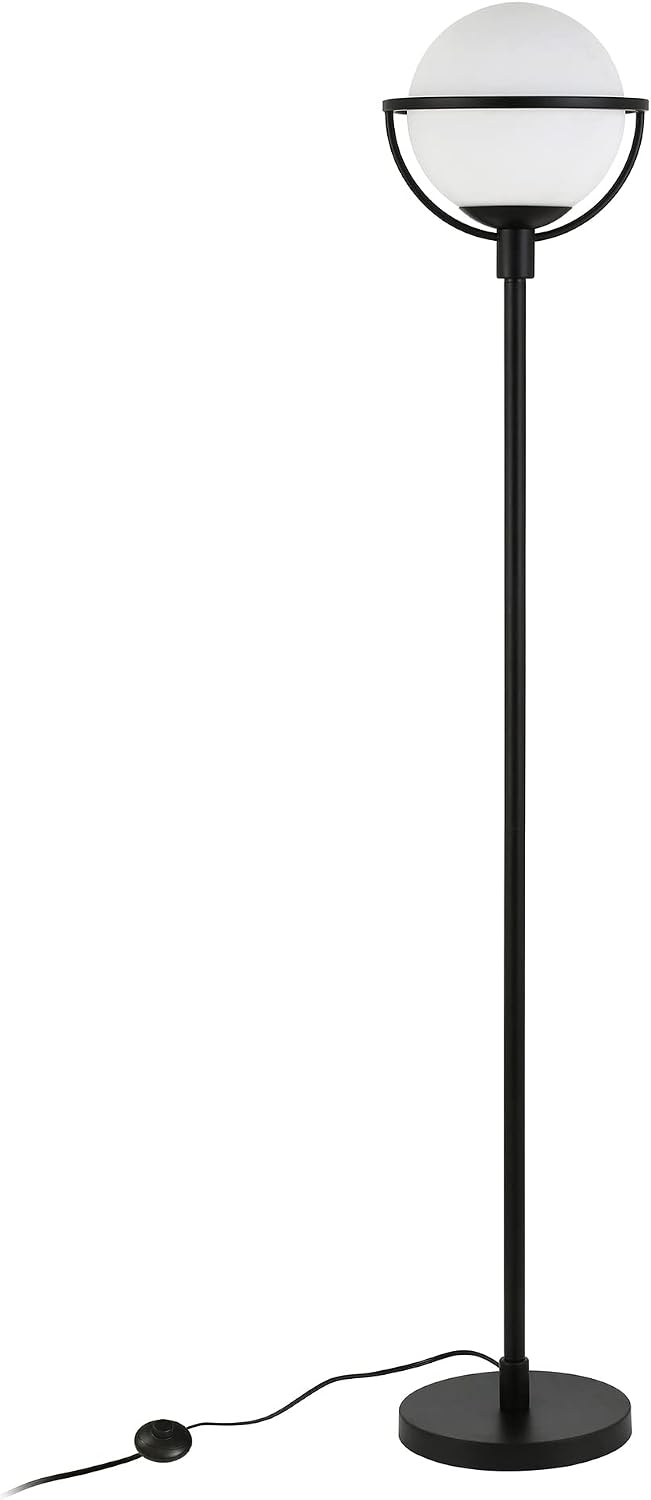 Henn&Hart 68' Glam 1-Light Floor Lamp with White Glass Globe Shade for Living Room, Bedroom, or Office, Black