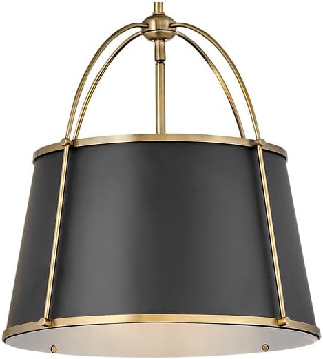 Hinkley Clarke Large Drum Pendant, Black Metal Shade, 1-6' and 2-12' Down Rods, Even or Sloped Ceilings, Warm Brass Finish