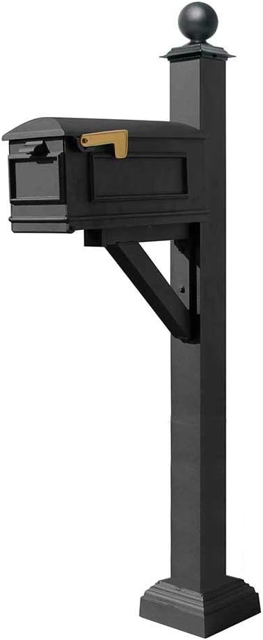 WPD-SC2-S4-LMC-BL Westhaven Cast Aluminum Post Mount Mailbox System with Lewiston Mailbox, Square Collar and Large Ball Finial, Ships in 2 Boxes, Black
