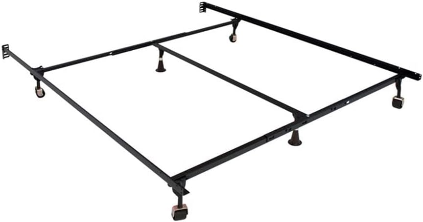 BOWERY HILL Modern Metal Adjustable Bed Frame, Queen/King Size, Black Finish, High Carbon Rail Steel, Solid Rivet Construction, Industrial Style, Headboard Compatible, Casters, Sturdy Frame for