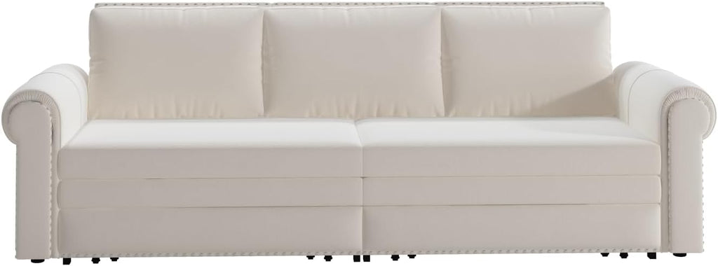 93.7' Pull Out Sofa Bed King Size with Pillows,3-in-1 Convertible Sleeper Couch with Nails Trim,Velvet Upholstered 3 Seater Sofabed for Living Room,Beige
