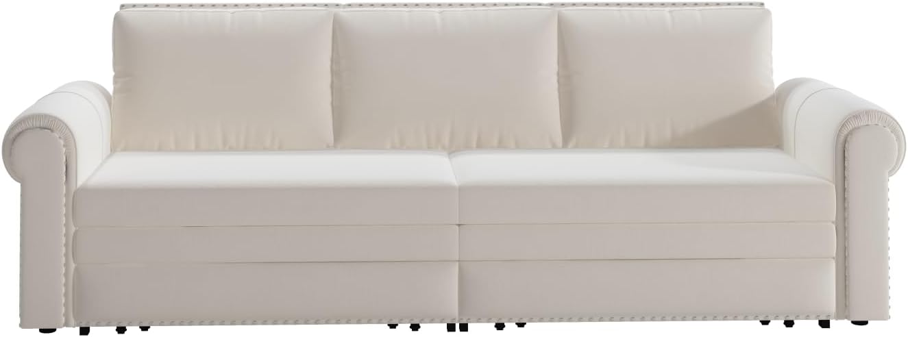 93.7' Pull Out Sofa Bed King Size with Pillows,3-in-1 Convertible Sleeper Couch with Nails Trim,Velvet Upholstered 3 Seater Sofabed for Living Room,Beige