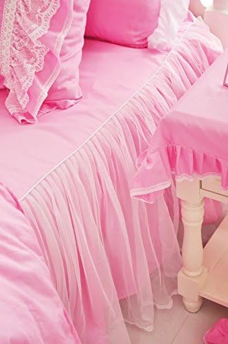LELVA Shabby Ruffle Duvet Cover Set Queen Cotton Chic Wrinkle Girls Bedding Hot Pink 4 Piece Romantic Lace Design Bed Skirt