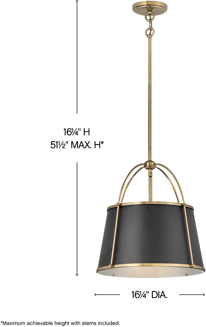 Hinkley Clarke Large Drum Pendant, Black Metal Shade, 1-6' and 2-12' Down Rods, Even or Sloped Ceilings, Warm Brass Finish