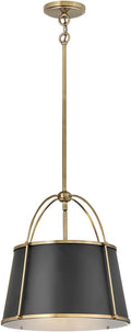 Hinkley Clarke Large Drum Pendant, Black Metal Shade, 1-6' and 2-12' Down Rods, Even or Sloped Ceilings, Warm Brass Finish