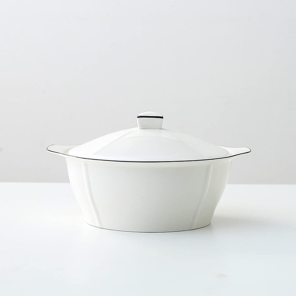 Japanese Style Tableware Household 10 Inch Ceramic Bowls Anti-scalding Binaural Soup Bowl With Lid 2500ML Large Capacity Ramen Bowls - White (Size : 25.4 * 15cm)