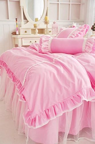 LELVA Shabby Ruffle Duvet Cover Set Queen Cotton Chic Wrinkle Girls Bedding Hot Pink 4 Piece Romantic Lace Design Bed Skirt