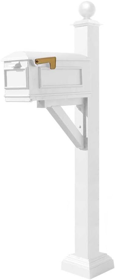 WPD-SC2-S4-LMC-WHT Westhaven Cast Aluminum Post Mount System with Lewiston Mailbox, Square Collar and Large Ball Finial, Ships in 2 Boxes, White