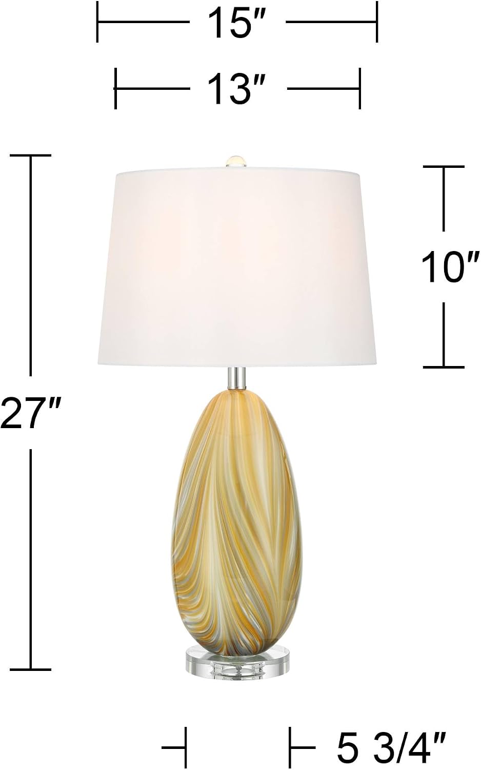 Possini Euro Design Pablo 27' Tall Modern 3-Way Table Lamp Yellow Vortex Finish Art Glass Single Fabric White Shade Living Room Bedroom Bedside Nightstand House Office Home Reading Kitchen Entryway