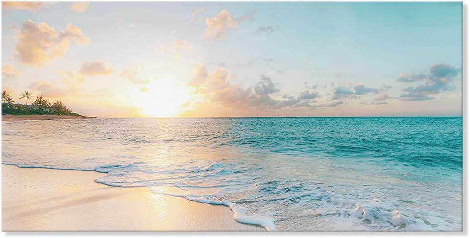 Goldfoilart Large Beach Sunset Canvas Wall Art for Living Room Blue Sea Prints Romantic Ocean Waves Pictures Painting Bedroom Home Office Wall Decor Ready to Hang 24x48Inch
