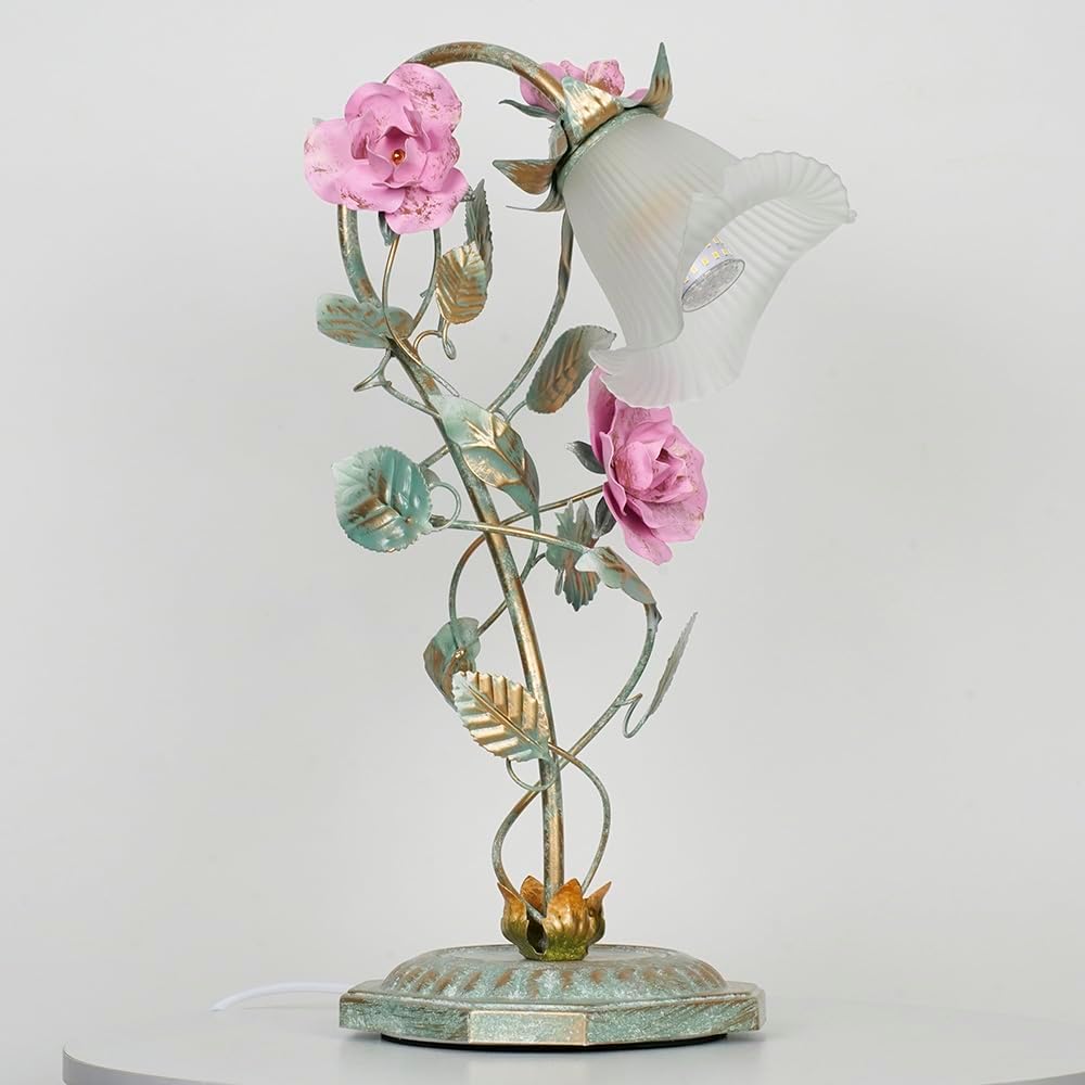 Meefad Floral Table Lamp, Elegant Bedside Nightstand Lamps with Glass Shade, Girls Night Light for Small Desk Bedroom Living Room