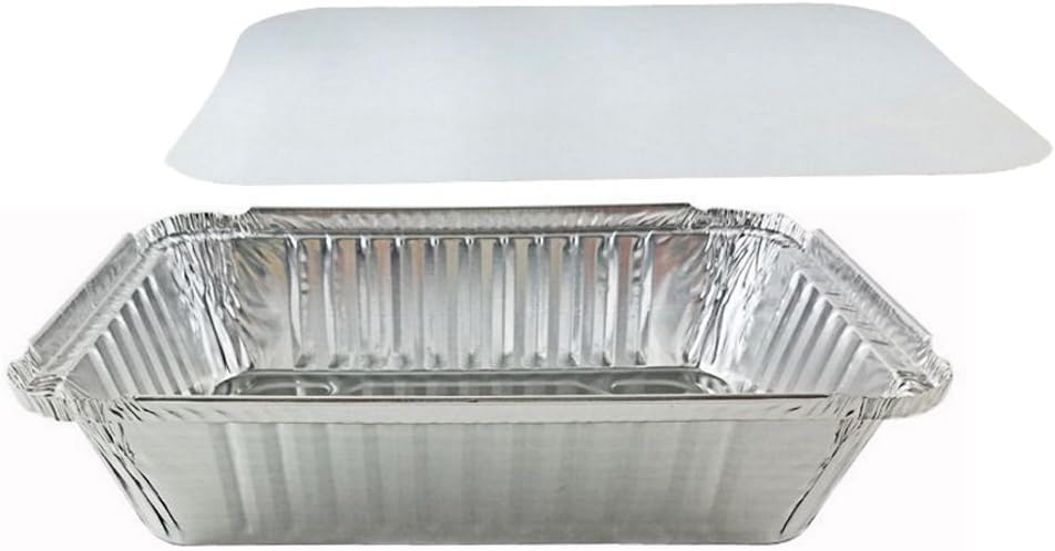 PACTOGO 2 1/4 lb. Oblong Deep Aluminum Foil Take-Out Pan with Board Lid Disposable Containers 8.44' x 5.94' x 1.81' (Pack of 250 Sets)