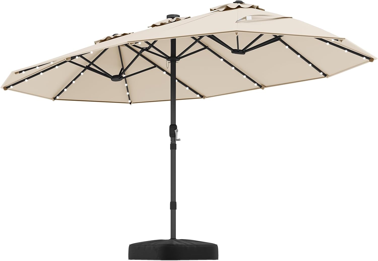 Tangkula 15FT Double-Sided Solar Patio Umbrella, Extra-Large Outdoor Twin Umbrella with 48 LED Lights, Vented Top, Crank Handle, 12 Ribs, Weighted Base Included for Backyard Poolside Deck (Beige)
