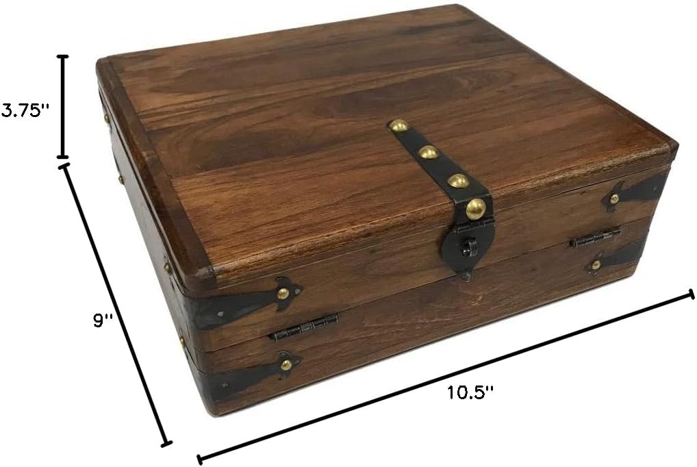 SCHOONER BAY 10-1/2' Colonial Style Distressed, Teak Wood Writing Box Reproduction with Accessories- Antique Reproduction