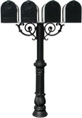The Hanford Rust Free Cast Aluminum Quad Mailbox Post System with Ornate Base, 4 E1 Mailboxes, Mounting Bracket and Scroll Supports, Ships in 2 Boxes