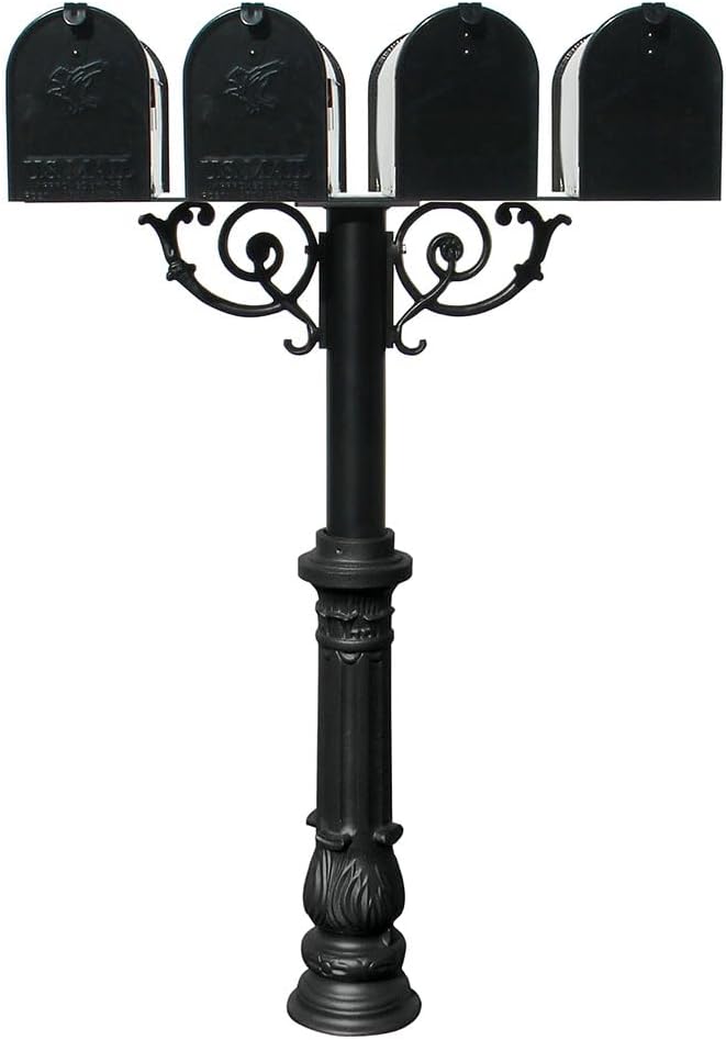 The Hanford Rust Free Cast Aluminum Quad Mailbox Post System with Ornate Base, 4 E1 Mailboxes, Mounting Bracket and Scroll Supports, Ships in 2 Boxes