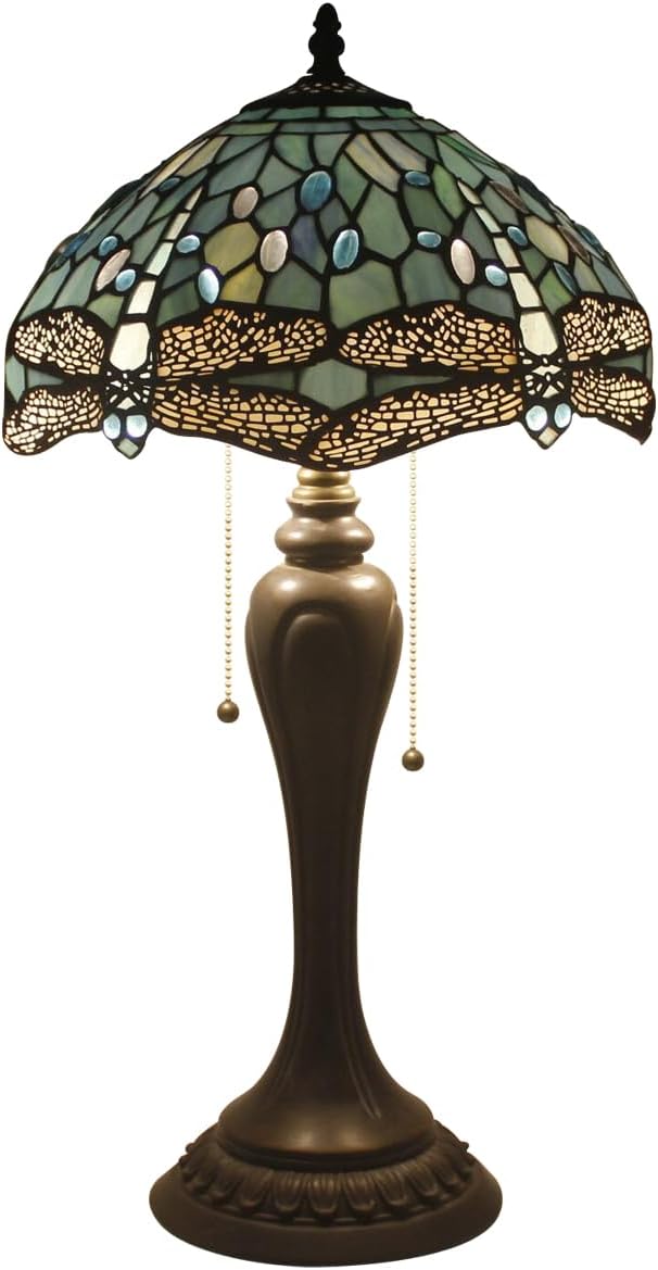 WERFACTORY Tiffany Table Lamp Sea Blue Stained Glass Dragonfly Style Bedside Lamp Desk Reading Light 12X12X22 Inches Decor Bedroom Living Room Home Office S147 Series