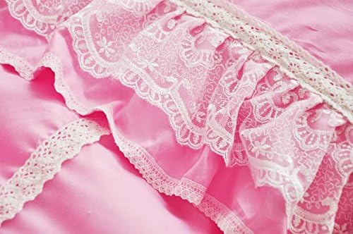 LELVA Shabby Ruffle Duvet Cover Set Queen Cotton Chic Wrinkle Girls Bedding Hot Pink 4 Piece Romantic Lace Design Bed Skirt