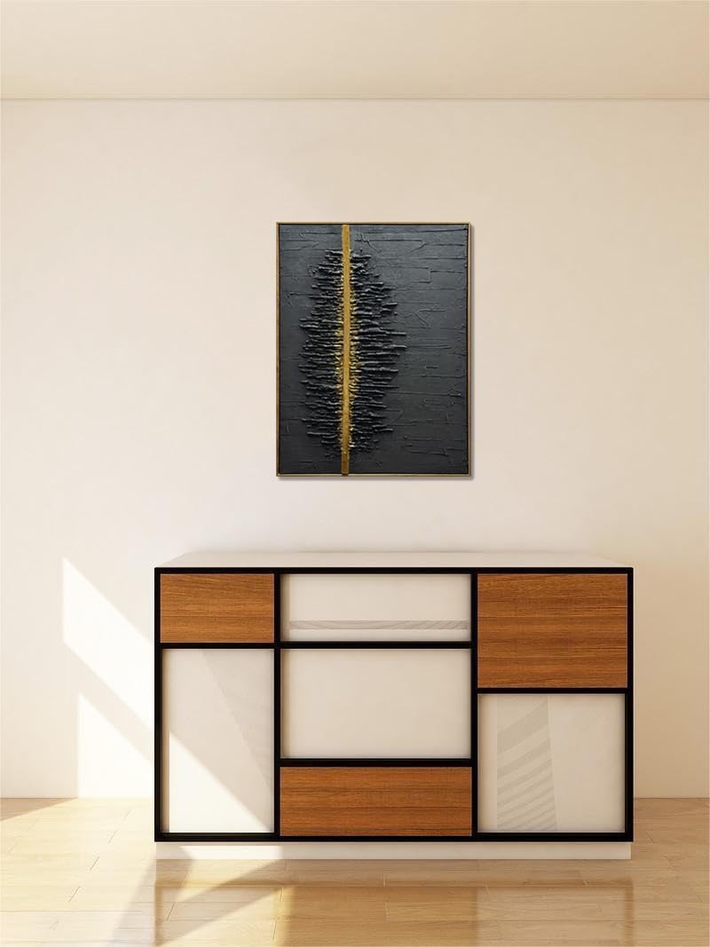 Boiee Art,24x36Inch Framed Hand Painted Abstract Artwork Textured Vertical Wall Art in Dark Charcoal Grey Gold Acrylic Painting