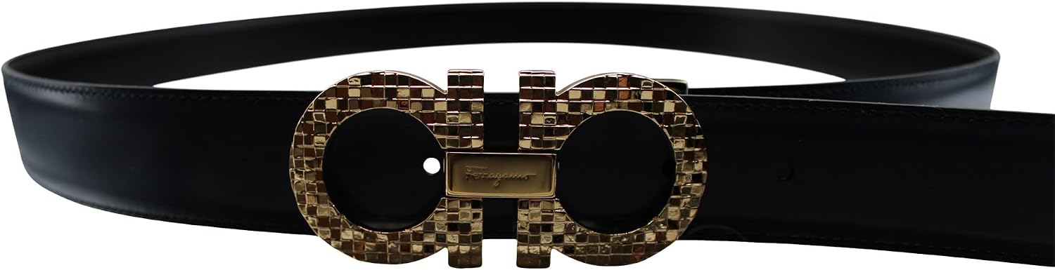 Salvatore Ferragamo Gancini Logo Engraved Reversible Gold Buckle Belt